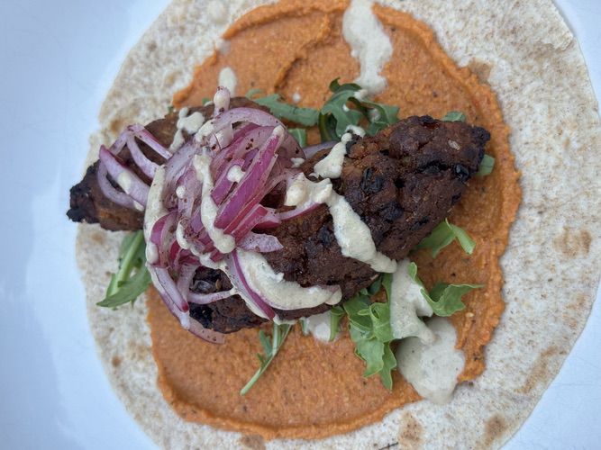 Nourished-By-Nia-Tofu Koftas-Roasted-Red-Pepper-Hummus-Sumac-Pickled-Onions-Tahini-sauce